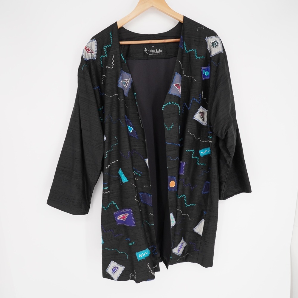 Dina Kohn Artwear Silk Taffeta Kimono Open Jacket OS Black Embroidered Vtg 90s - Picture 11 of 12